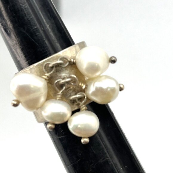 Sterling Silver & Natural Pearl Wide Band Cha Cha Ring Size 6.5 - Picture 9 of 10